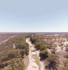 Australian River in Drought Conditions due to global warming and climate change. Aerial Drone View of Dry river bed (Darling Barka River, New South Wales)