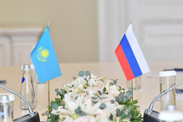 flag of Kazakhstan and Russia, Rashka, Meeting, negotiating table in Kazakhstan and Russia, Flag. flag of the country of Kazakhstan