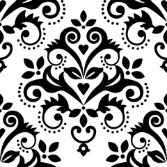 Damask tiled wallpaper, black and white textile or fabric print pattern, traditional vector design with flowers, leaves and swirls
