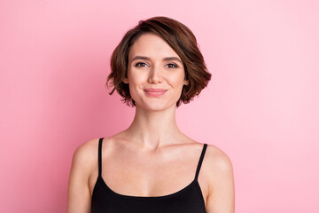 Photo of attractive charming nice young woman smile good mood face isolated on pastel pink color background