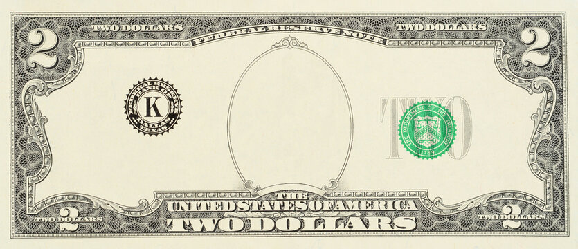 Blank sample of US two dollar banknote with empty middle area, front side. Blank obverse side two dollar bill for design purposes. Mock-up with an empty portrait frame.