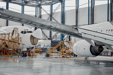 Professional plane expluatation service in big hangar - obrazy, fototapety, plakaty