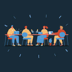 Vector illustration of meeting people sitting at table on dark background.