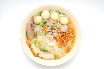 Top view of pork noodles clear soup, braised pork spare ribs noodles without soup