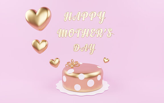 Happy mothers day golden cake  background with golden hearts,  mom text, copy space text, 3D illustration.