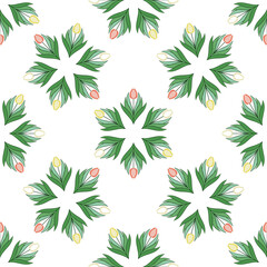 Seamless pattern with tulips in flat modern style. Design from multi-colored tulips in Damascus style. Vector illustration