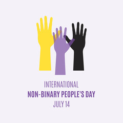 International Non-Binary People's Day vector. Colored raised hands up shape vector. Human hands silhouette vector. Non-binary flag icon vector. Non-Binary People's Day Poster, July 14. Important day