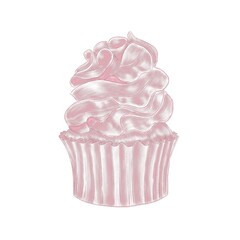 Cupcake illustration, linear hatched pattern on white background isolated shiny pink line