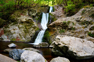 東京都奥多摩の深い森の奥にある自然文化百選の滝「三ツ釜ノ滝」
