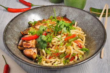 tasty chicken noodles in an Asian restaurant