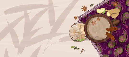 Traditional Indian tea masala on napkin with an Indian ethnic pattern and spices. Top view of cup of hot tea on light background with shadows from bamboo leaves. Vector illustration with copy space.