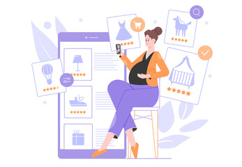 Pregnant mom-to-be and a giant smartphone. Buying and selling goods online. Children's things, toys. Fast and secure transaction in the mobile application. New life of old things. Vector flat.