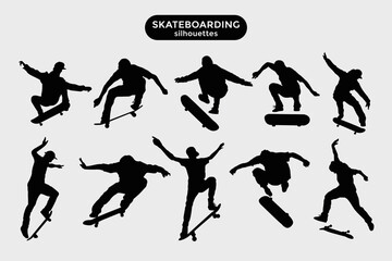 Collection of isolated silhouettes of skaters. - obrazy, fototapety, plakaty