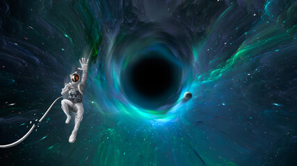 Space background. Astronaut falling into colorful nebula fractal tunnel, black hole with planet. Elements furnished by NASA. 3D rendering