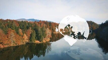 Rotating Planet Earth Animation with Future,Technology and Environmental Concept during idyllic aerial flyover tranquil lake with colorful trees and mountains in background. - Powered by Adobe