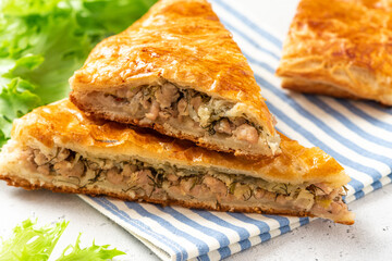 Meat pie close-up. Pieces of pie stuffed with minced meat with onions and dill. - obrazy, fototapety, plakaty