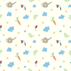 Vector seamless garden pattern of vegetables and fruits, green leaves, blue clouds and watering cans on a pale yellow background.