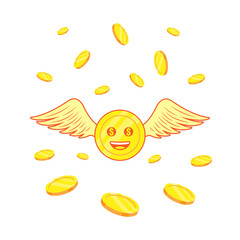 Vector illustration golden coin with cartoon style. Unique golden coin with smile face and wings