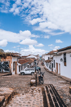 Popayan, Colombia - Corners and locations of the old colonial city of Popayan, in Cauca, Colombia. Blue cloudy skies. Tourist destination