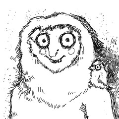 Yeti, bigfoot, snowmen, With a bird on a shoulder. 