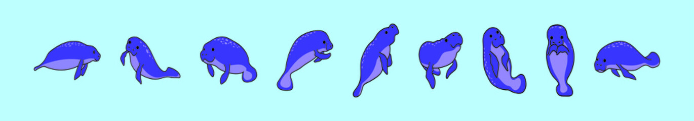 set of manatee cartoon icon design template with various models. vector illustration isolated on blue background