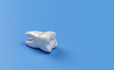 Broken tooth isolated on blue background. 3d render illustration