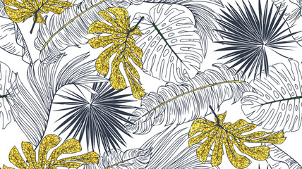 Seamless pattern with banana and golden palm leaves in vector © andrei