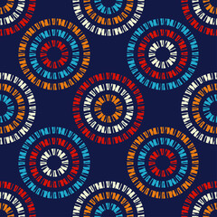 Shapes made of curved stripes. Mosaic with geometric shapes. Seamless pattern. Design with manual hatching. Textile. Ethnic boho ornament. Vector illustration for web design or print.