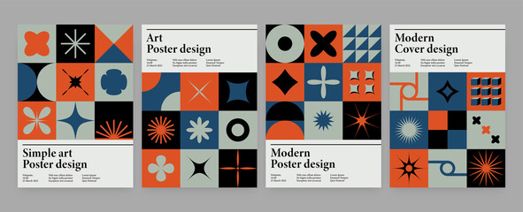Abstract swiss geometric posters. Brutalism bold shapes web banner, poster design, print, postmodern bauhaus vector art
