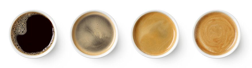 Set of paper take away cups of different black coffee