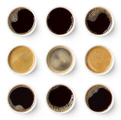 Set of paper take away cups of different black coffee