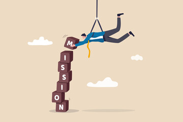 Business mission, leadership skill to achieve target and overcome work obstacle or motivation to do impossible thing concept, skillful businessman hanging from above manage to complete mission blocks. - obrazy, fototapety, plakaty