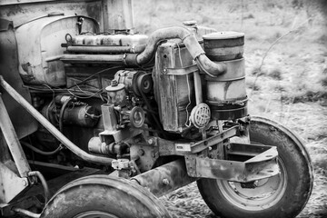Fototapeta premium Old tractor engine. Black and white.