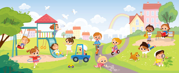 Children playing in the park. Playground with kids. Group of kids playing on playground spending time in games, having fun, fooling around. Summer activities. School yard with kids. Summer background.