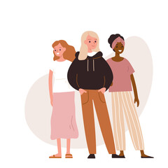 Diverse feminist women characters standing stand side by side together showing confident attitude to their rights. Unity of women different ethnicity nationalities.Women strength concept rights vector