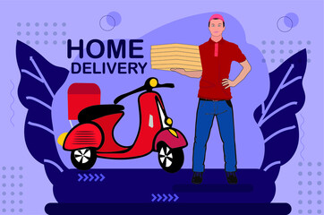 Online home delivery. delivery man or courier delivering a package.  delivery to home or office. Vector illustration or courier service concept