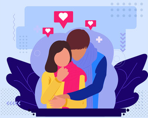The couple falls in love. Valentine’s day festival.Cute couple in love hugging, flat-style vector illustration.