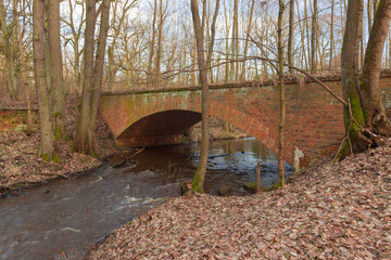 Czerwony, ceglany most nad rzeką płynącą przez las.