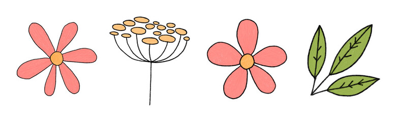 Isolated meadow flowers and leaves in digital style. Made in soft pastel colors with pencil texture. Used red, pink and green. With outline. Cute and pretty design for wrapping paper and background