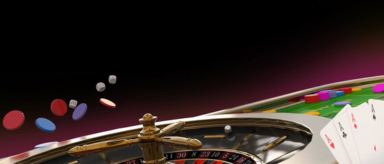 Vegas Casino Games Gambling Online background on dark Purple. Gambling Banner Backdrop with Copy...