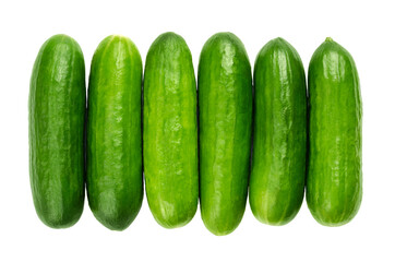 Snack cucumbers in a row, from above. Fresh, small, young and whole cucumber fruits, lined up close together. Cucumis sativus, a vegetable. Close-up, isolated, on white background, macro food photo.