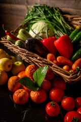 basket with fresh fruits and vegetables. healthy food, natural fruits and vegetables