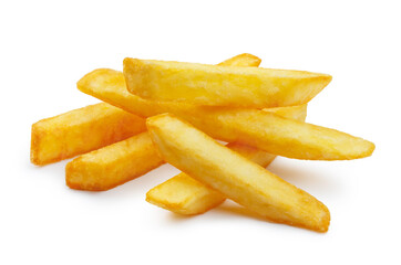 Heap of tasty potato fries, isolated on white background