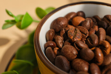 Arabica coffee beans in bright exotic yellow cup
