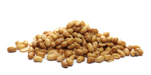 Organic roasted soybeans pile, isolated on white background