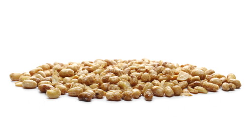 Organic roasted soybeans pile, isolated on white background