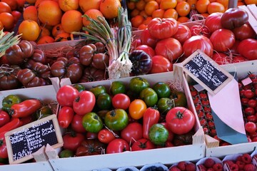 Étal de marché avec un assortiment de légumes et fruits bio