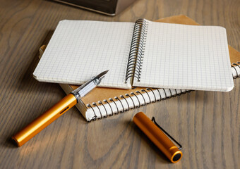 Ink pen with notebooks on a wooden table. © Natalia