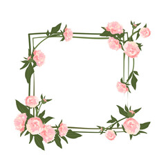 Peony wreath. Square frame, cute pink flowers and leaves. Spring pink blooming composition with buds. Holiday decorations for wedding, holiday, postcard, poster and design