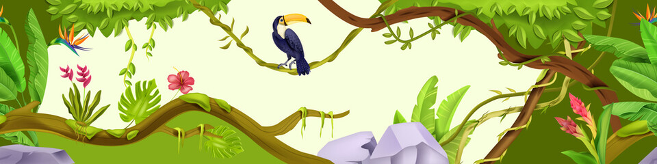 Jungle forest nature background, wood vector exotic landscape, toucan, green leaves, tree, flower, stone. Environment wildlife rainforest illustration, Brazil floral game banner. Jungle forest concept © Oleksandra